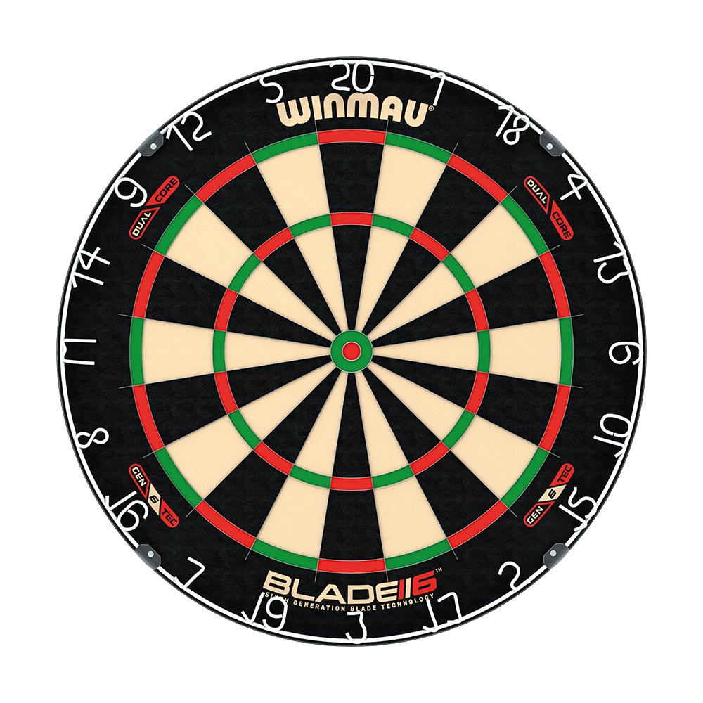 Das Bild zeigt eine Winmau Blade 6 DualCore Steeldartboard. Die Dartscheibe ist rund, hat schwarze, beige, grüne und rote Felder und ist mit weißen Zahlen beschriftet.